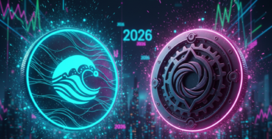 SEA and GRVT tokens as 3D glowing coins floating in a futuristic digital void. Neon cyan and deep magenta lighting, volumetric particles, 2026 market trend lines in background, ultra-sharp 8k resolution.