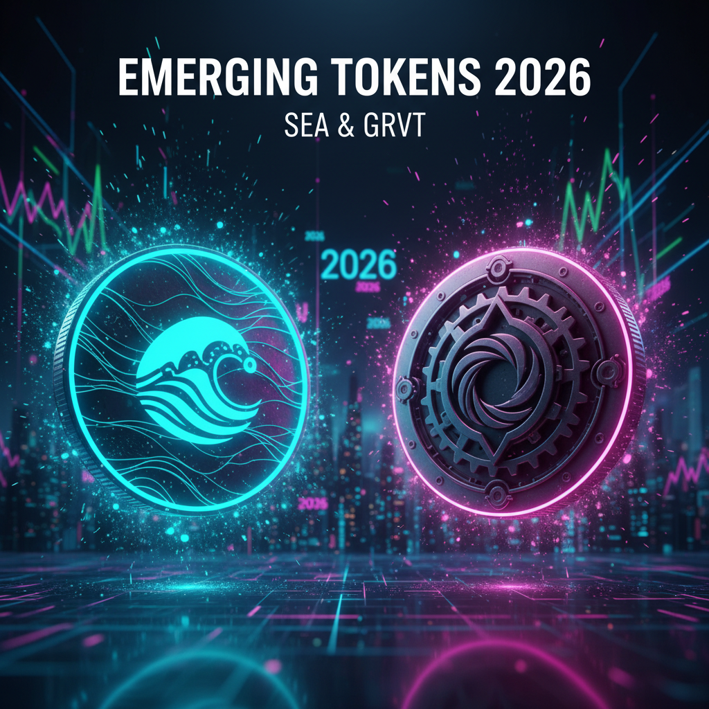 SEA and GRVT tokens as 3D glowing coins floating in a futuristic digital void. Neon cyan and deep magenta lighting, volumetric particles, 2026 market trend lines in background, ultra-sharp 8k resolution.
