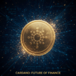 Giant 3D golden Cardano ADA coin floating in a dark deep-blue scientific network. Glowing blue nodes and lines in the background, cinematic golden sparks, 8k resolution, ultra-detailed.