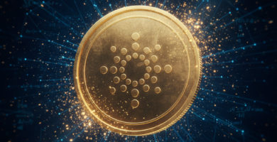 Giant 3D golden Cardano ADA coin floating in a dark deep-blue scientific network. Glowing blue nodes and lines in the background, cinematic golden sparks, 8k resolution, ultra-detailed.