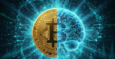 A glowing gold Bitcoin coin floating inside a translucent glowing blue human brain composed of circuits and neural pathways. Cinematic teal lighting, digital matrix code particles, 8k resolution, hyper-detailed.
