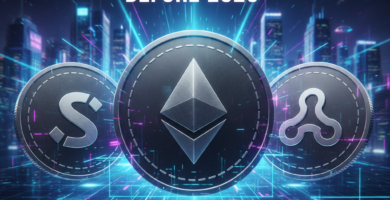 Three massive 3D glossy coins with logos of SOL, ETH, and LINK floating in a futuristic digital grid. Cinematic neon lighting in cyan and purple, deep tech atmosphere, 8k resolution, ultra-detailed.