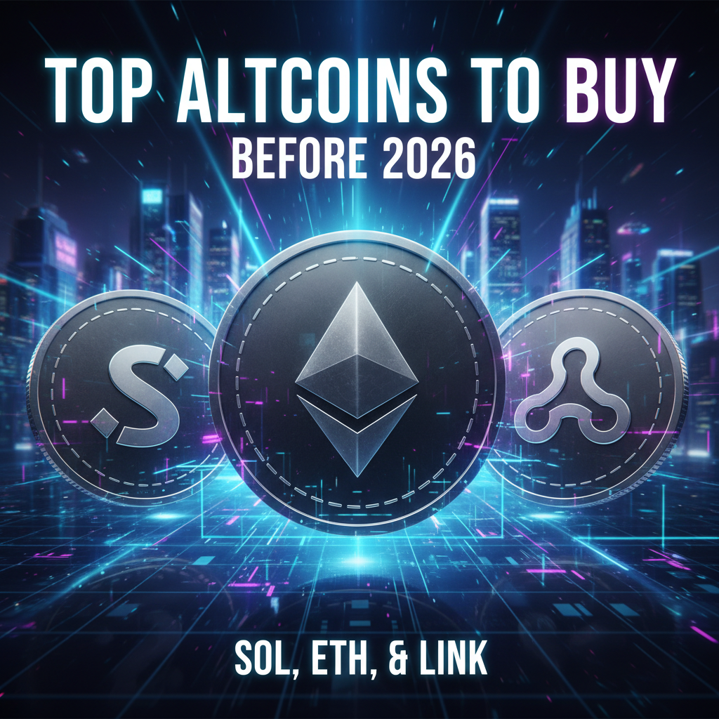 Three massive 3D glossy coins with logos of SOL, ETH, and LINK floating in a futuristic digital grid. Cinematic neon lighting in cyan and purple, deep tech atmosphere, 8k resolution, ultra-detailed.