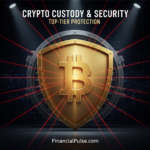 Gleaming 3D gold shield with Bitcoin symbol, high-security laser beams, dark cinematic background, ultra-sharp focus, professional graphic design for a top-tier US financial blog.