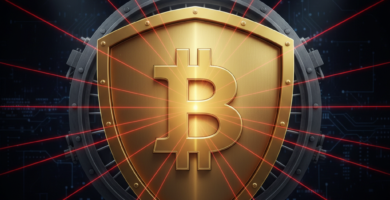 Gleaming 3D gold shield with Bitcoin symbol, high-security laser beams, dark cinematic background, ultra-sharp focus, professional graphic design for a top-tier US financial blog.