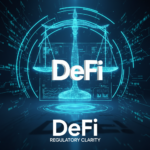 Large bold white DeFi logo centered inside a glowing blue holographic HUD. Cinematic legal scales of justice made of light beams in the background. High contrast, technical data overlay, ultra-modern tech aesthetic.