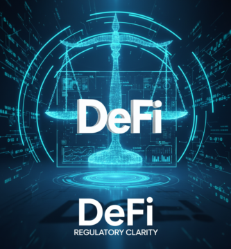 Large bold white DeFi logo centered inside a glowing blue holographic HUD. Cinematic legal scales of justice made of light beams in the background. High contrast, technical data overlay, ultra-modern tech aesthetic.
