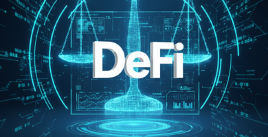 Large bold white DeFi logo centered inside a glowing blue holographic HUD. Cinematic legal scales of justice made of light beams in the background. High contrast, technical data overlay, ultra-modern tech aesthetic.