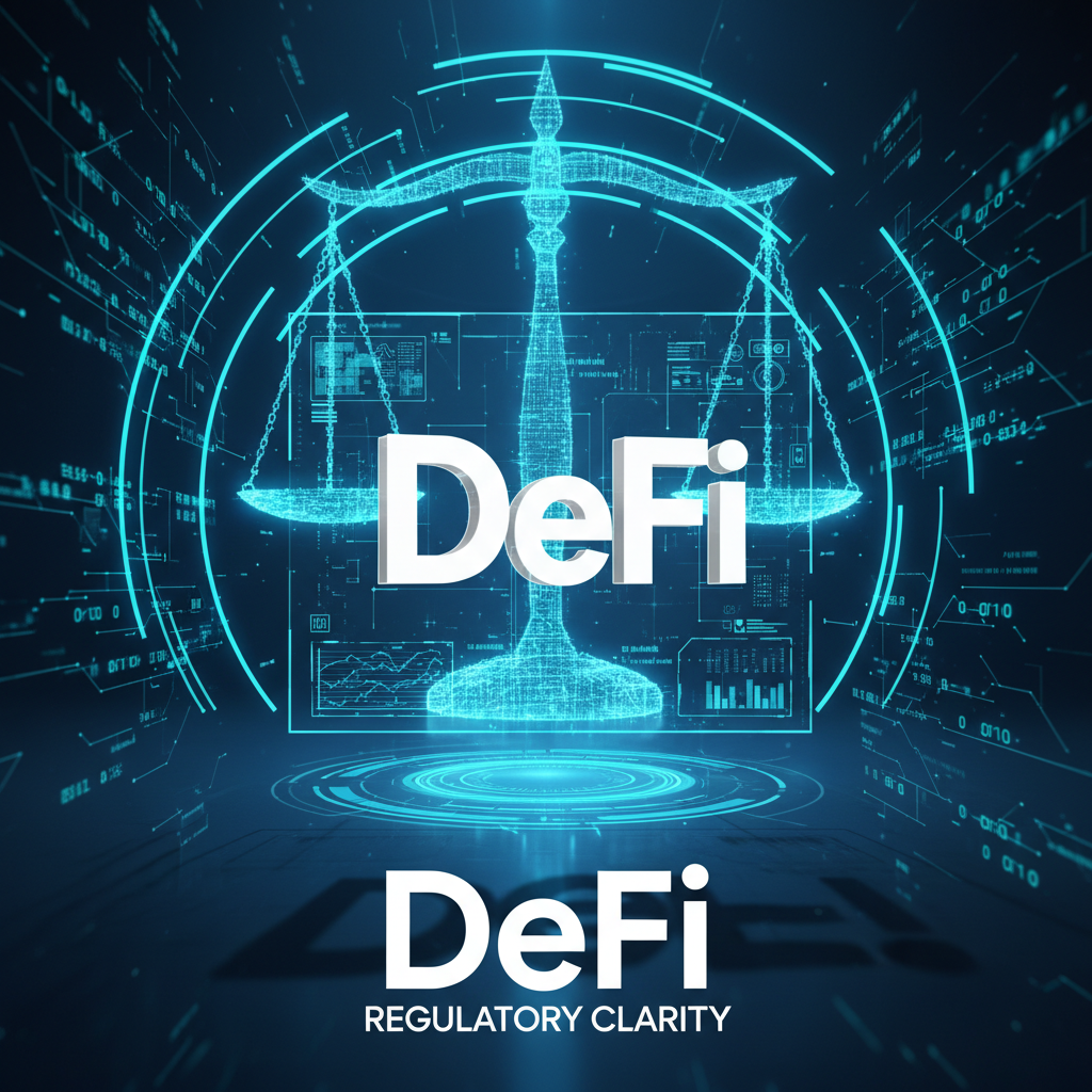 Large bold white DeFi logo centered inside a glowing blue holographic HUD. Cinematic legal scales of justice made of light beams in the background. High contrast, technical data overlay, ultra-modern tech aesthetic.