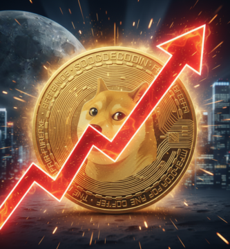 Large golden Dogecoin with the Shiba Inu logo, a massive glowing red upward trend arrow, cinematic lighting on a dark background, 8k resolution, highly detailed.