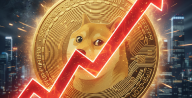 Large golden Dogecoin with the Shiba Inu logo, a massive glowing red upward trend arrow, cinematic lighting on a dark background, 8k resolution, highly detailed.