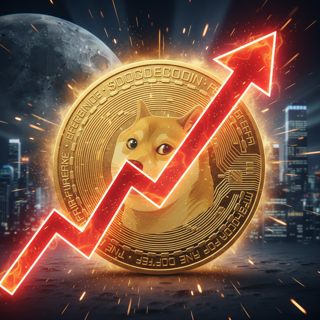 Large golden Dogecoin with the Shiba Inu logo, a massive glowing red upward trend arrow, cinematic lighting on a dark background, 8k resolution, highly detailed.