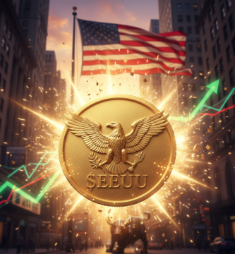 Majestic golden $TRUMP coin with a bald eagle logo centered. Background of Wall Street at sunset with a waving American flag. Cinematic lighting, sharp details, high contrast.