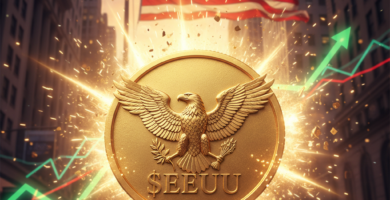 Majestic golden $TRUMP coin with a bald eagle logo centered. Background of Wall Street at sunset with a waving American flag. Cinematic lighting, sharp details, high contrast.