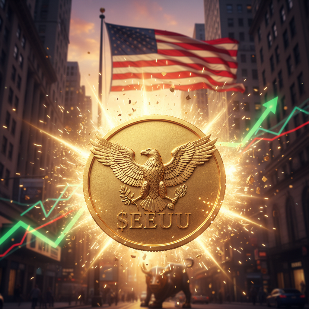 Majestic golden $TRUMP coin with a bald eagle logo centered. Background of Wall Street at sunset with a waving American flag. Cinematic lighting, sharp details, high contrast.