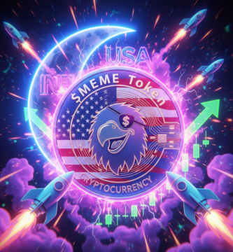 A holographic $USA coin CRYPTO with a funny face a giant glowing neon moon. Trails of purple fire, green trading candles, cinematic lighting, 8k resolution.