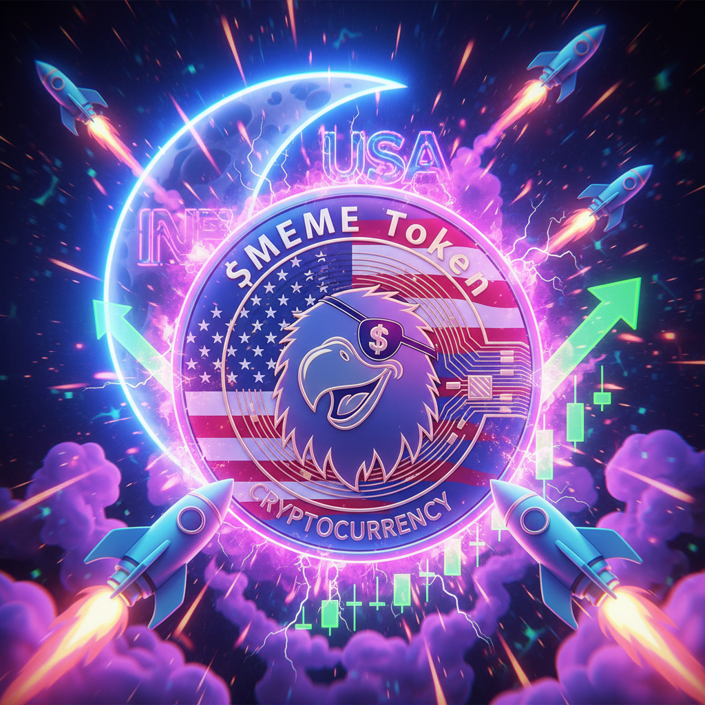 A holographic $USA coin CRYPTO with a funny face a giant glowing neon moon. Trails of purple fire, green trading candles, cinematic lighting, 8k resolution.