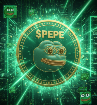 Large emerald green $PEPE coin with the iconic frog face logo, glowing green digital matrix background, cinematic lighting, 8k resolution, highly detailed textures.