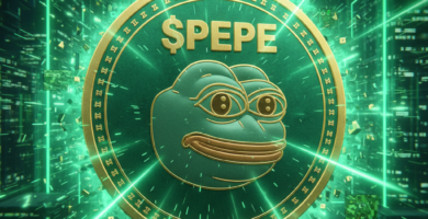 Large emerald green $PEPE coin with the iconic frog face logo, glowing green digital matrix background, cinematic lighting, 8k resolution, highly detailed textures.