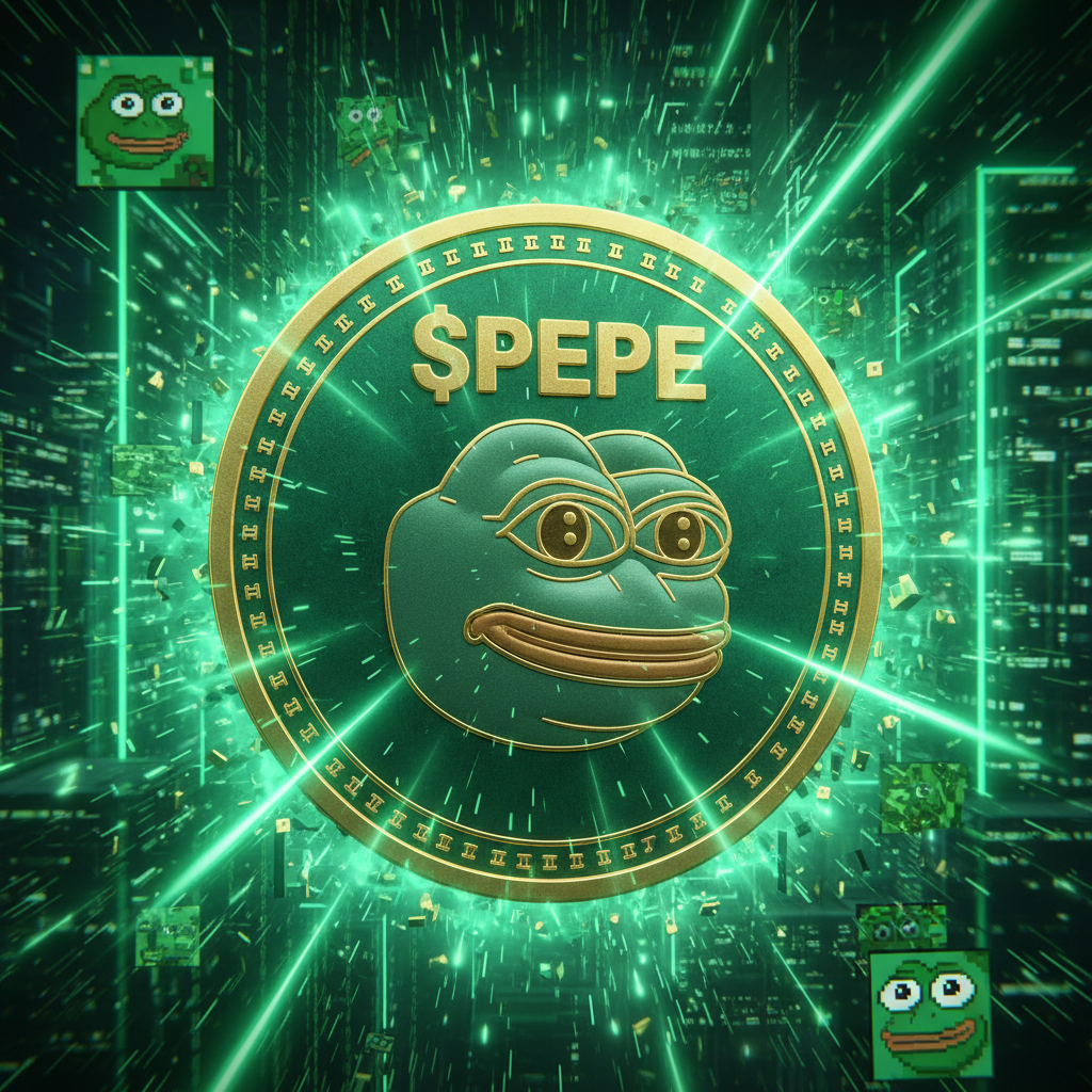 Large emerald green $PEPE coin with the iconic frog face logo, glowing green digital matrix background, cinematic lighting, 8k resolution, highly detailed textures.