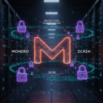 A massive 3D glowing Monero logo floating in a dark room full of server racks. Holographic purple padlocks and cyan encrypted data streams swirling around. Cinematic lighting, 8k resolution, hyper-detailed cyberpunk aesthetic.