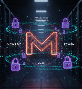 A massive 3D glowing Monero logo floating in a dark room full of server racks. Holographic purple padlocks and cyan encrypted data streams swirling around. Cinematic lighting, 8k resolution, hyper-detailed cyberpunk aesthetic.
