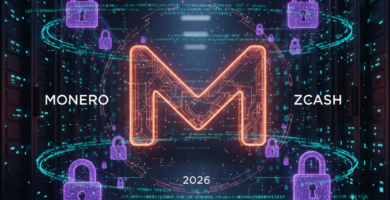 A massive 3D glowing Monero logo floating in a dark room full of server racks. Holographic purple padlocks and cyan encrypted data streams swirling around. Cinematic lighting, 8k resolution, hyper-detailed cyberpunk aesthetic.
