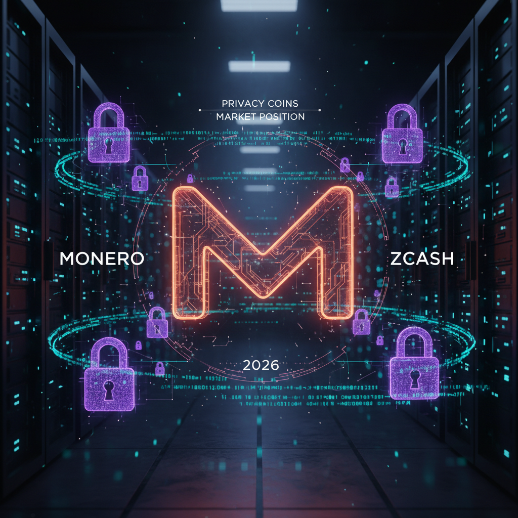 A massive 3D glowing Monero logo floating in a dark room full of server racks. Holographic purple padlocks and cyan encrypted data streams swirling around. Cinematic lighting, 8k resolution, hyper-detailed cyberpunk aesthetic.