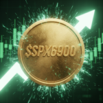 Large 3D golden $SPX6900 coin with the SPX 6900 logo centered. Background of aggressive green stock market candles and a massive white upward arrow. Cinematic financial lighting, 8k resolution.