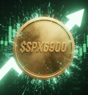 Large 3D golden $SPX6900 coin with the SPX 6900 logo centered. Background of aggressive green stock market candles and a massive white upward arrow. Cinematic financial lighting, 8k resolution.