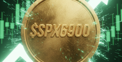 Large 3D golden $SPX6900 coin with the SPX 6900 logo centered. Background of aggressive green stock market candles and a massive white upward arrow. Cinematic financial lighting, 8k resolution.