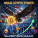 A majestic Bald Eagle clutching a massive glowing Bitcoin, flying over Wall Street with a cinematic US flag background. 3D neon effects and hyper-realistic lighting.