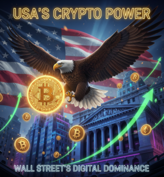 A majestic Bald Eagle clutching a massive glowing Bitcoin, flying over Wall Street with a cinematic US flag background. 3D neon effects and hyper-realistic lighting.