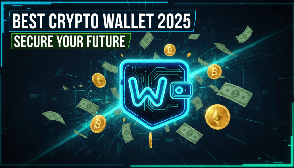 BEST CRYPTO WALLET 2025, SECURE YOUR FUTURE, futuristic digital wallet logo, neon blue and green, flying cash and golden bitcoin coins