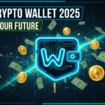 BEST CRYPTO WALLET 2025, SECURE YOUR FUTURE, futuristic digital wallet logo, neon blue and green, flying cash and golden bitcoin coins