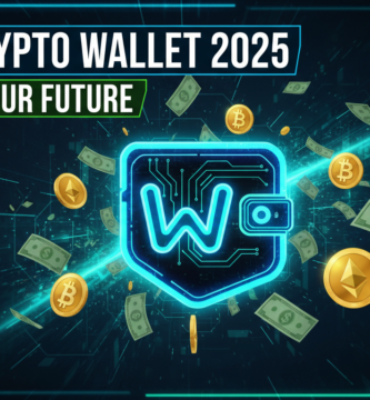 BEST CRYPTO WALLET 2025, SECURE YOUR FUTURE, futuristic digital wallet logo, neon blue and green, flying cash and golden bitcoin coins