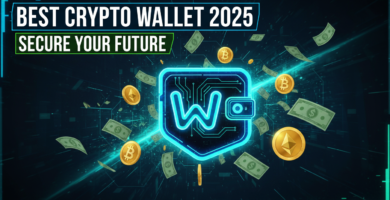 BEST CRYPTO WALLET 2025, SECURE YOUR FUTURE, futuristic digital wallet logo, neon blue and green, flying cash and golden bitcoin coins